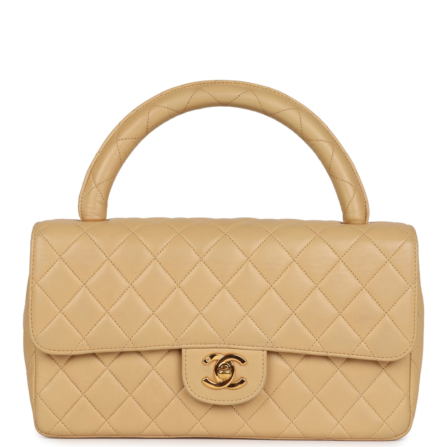 Vintage Chanel Kelly Parent Flap Bag Beige Lambskin Gold Hardware