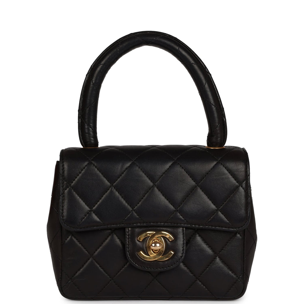 Vintage Chanel Micro Kelly Child Flap Bag Black Lambskin Gold Hardware