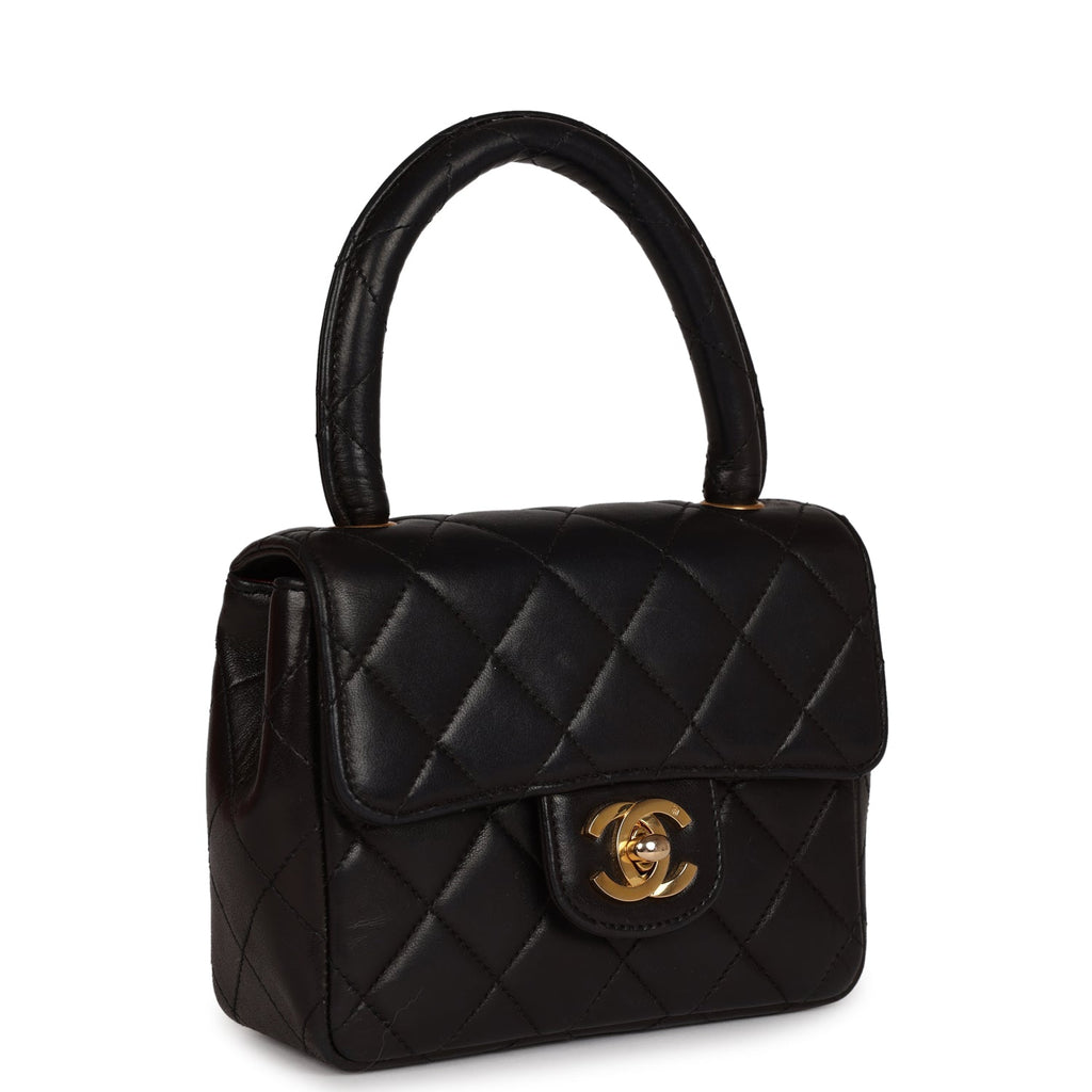 Vintage Chanel Micro Kelly Child Flap Bag Black Lambskin Gold Hardware