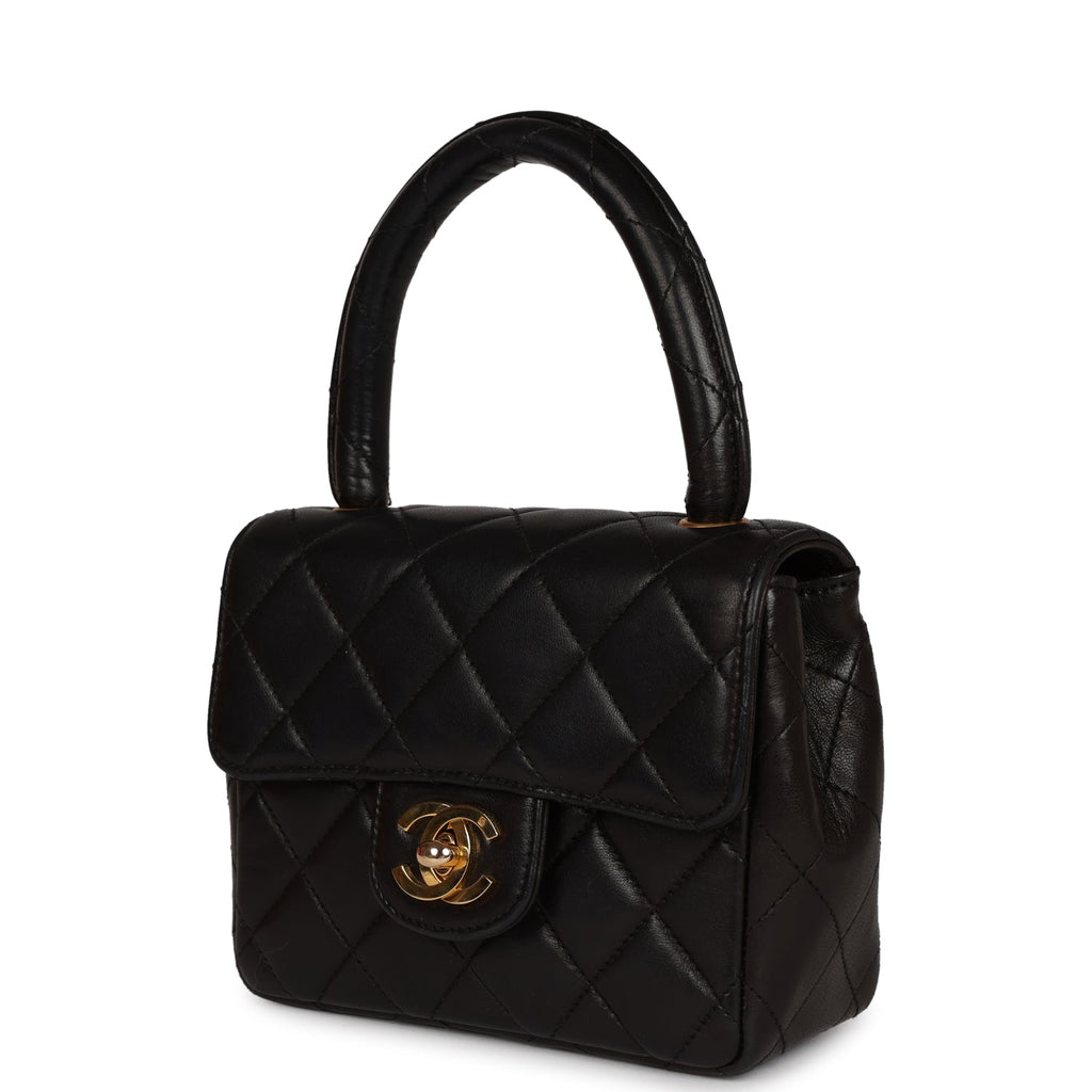 Vintage Chanel Micro Kelly Child Flap Bag Black Lambskin Gold Hardware