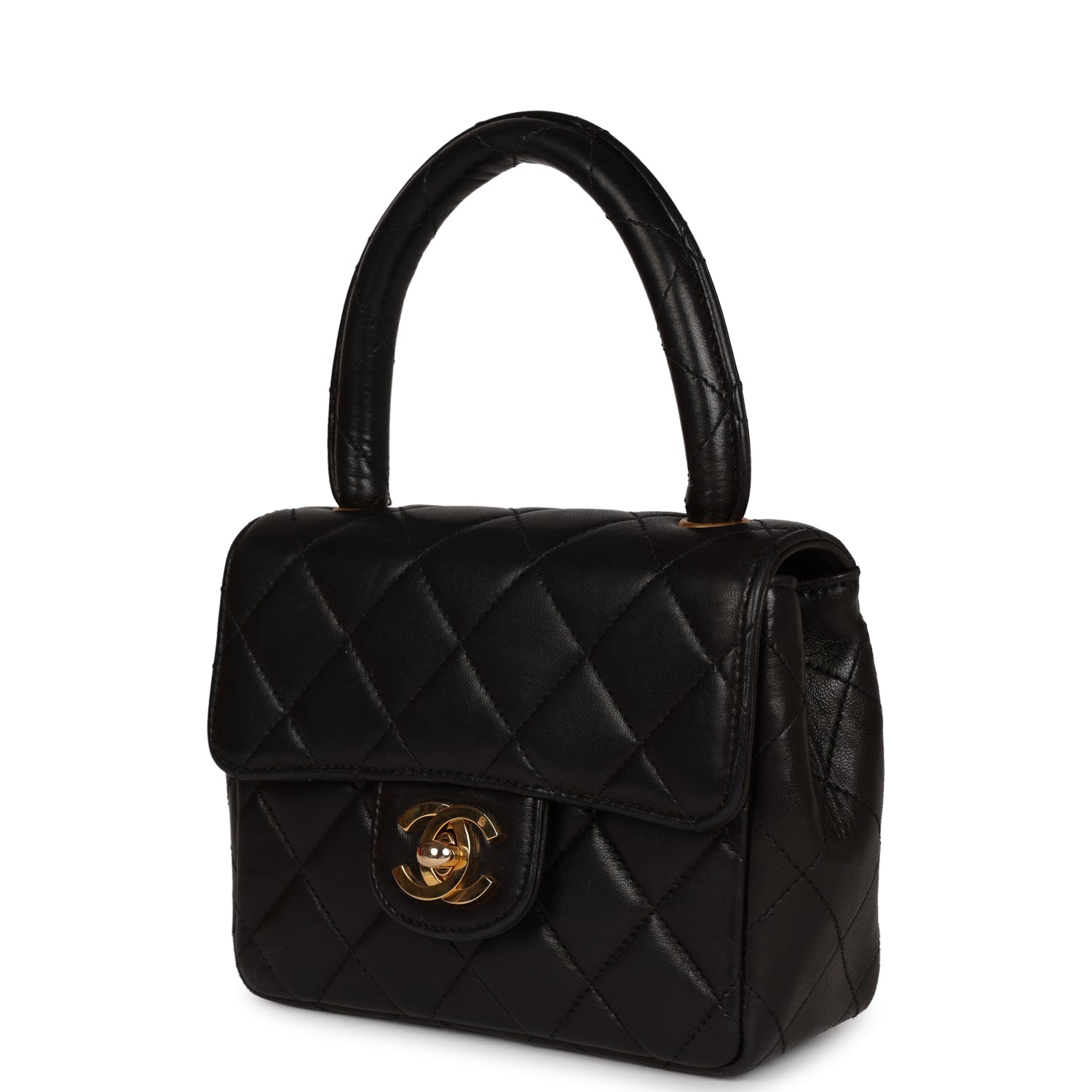 Vintage Chanel Micro Kelly Child Flap Bag Black Lambskin Gold Hardware