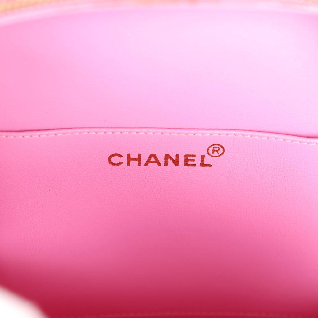 Vintage Chanel Round Vanity Bag Pink and Black Patent Leather Antique Gold Hardware