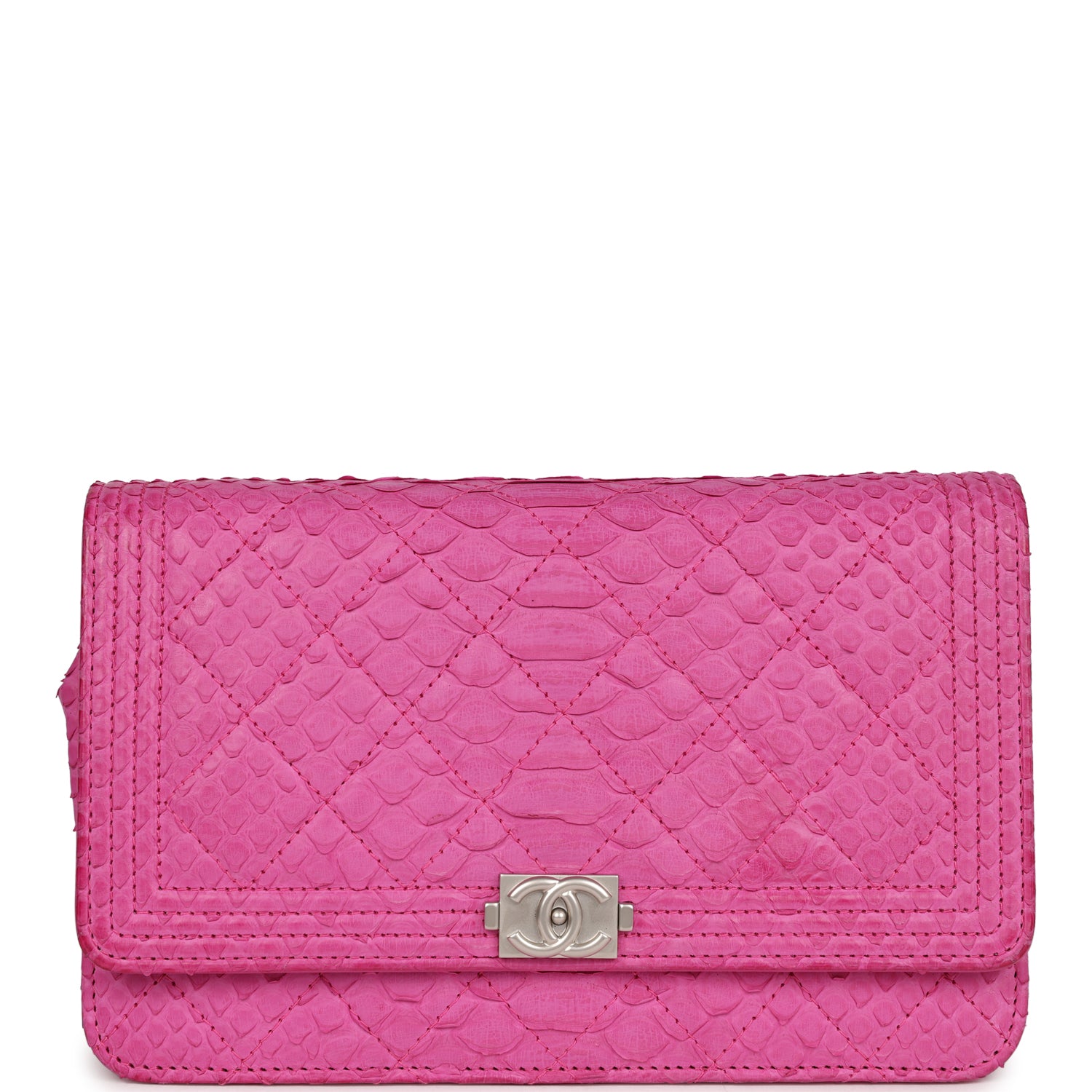 Pre-owned Chanel Boy Wallet On Chain WOC Hot Pink Python Brushed Silver Hardware