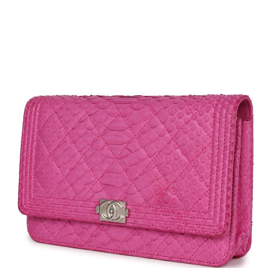Pre-owned Chanel Boy Wallet On Chain WOC Hot Pink Python Brushed Silver Hardware