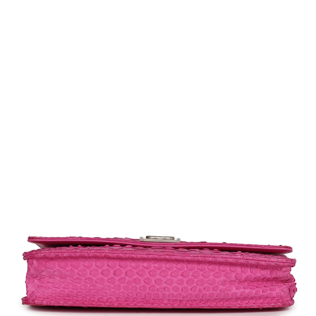 Pre-owned Chanel Boy Wallet On Chain WOC Hot Pink Python Brushed Silver Hardware