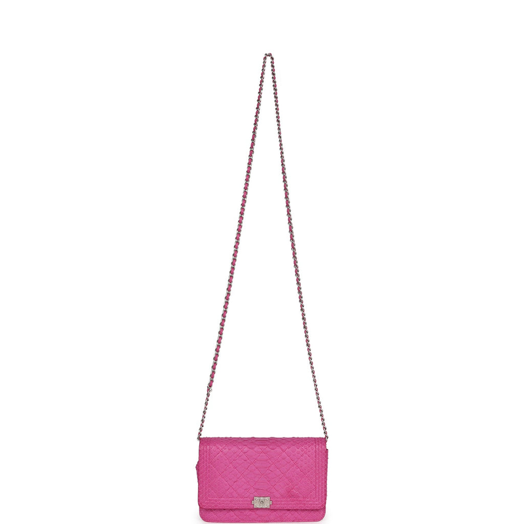 Pre-owned Chanel Boy Wallet On Chain WOC Hot Pink Python Brushed Silver Hardware