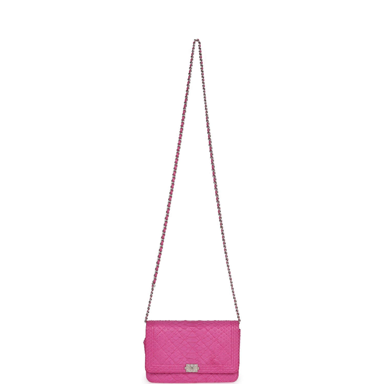 Pre-owned Chanel Boy Wallet On Chain WOC Hot Pink Python Brushed Silver Hardware