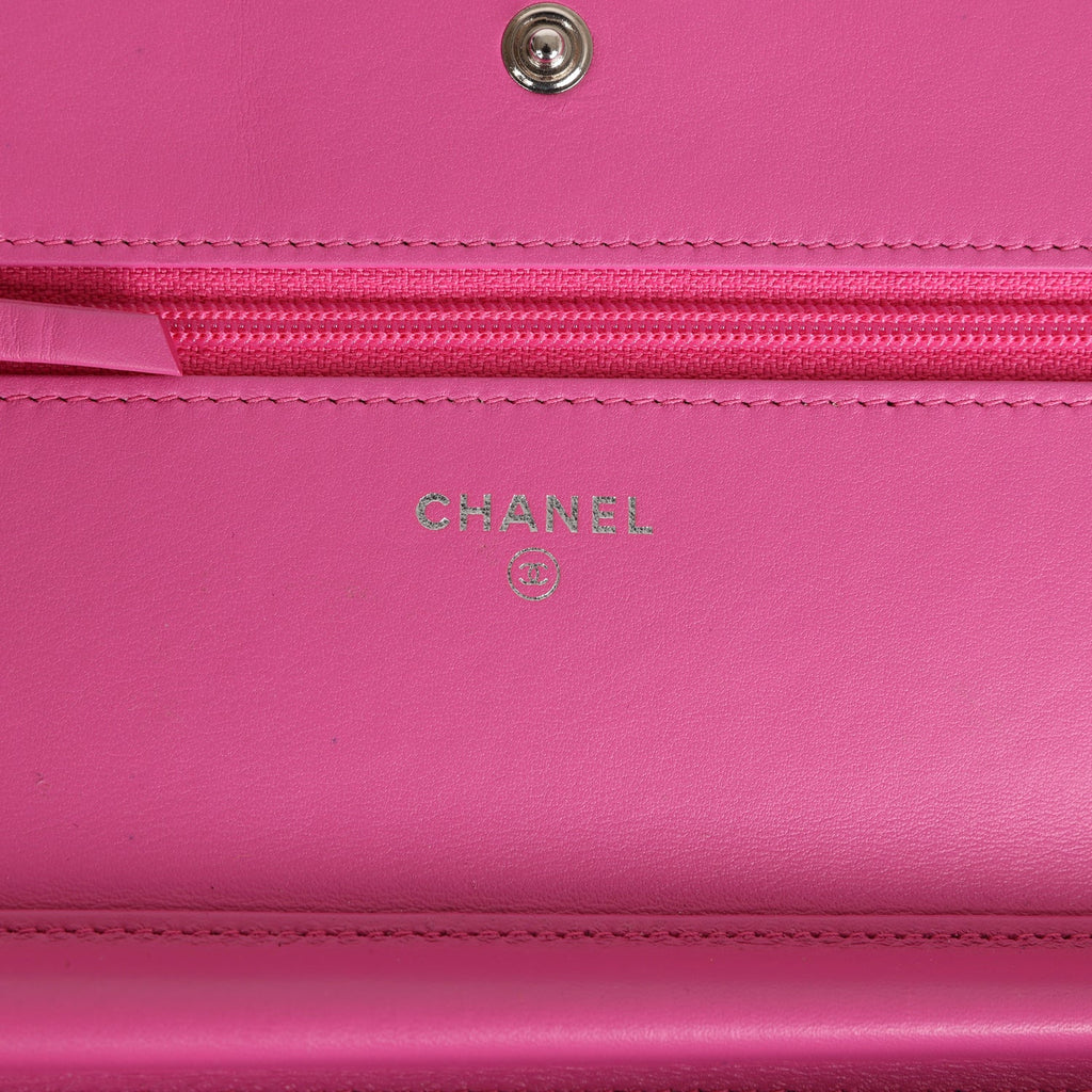 Pre-owned Chanel Boy Wallet On Chain WOC Hot Pink Python Brushed Silver Hardware