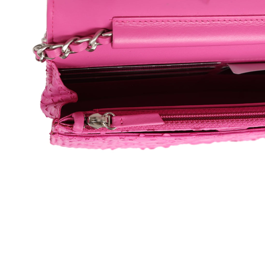 Pre-owned Chanel Boy Wallet On Chain WOC Hot Pink Python Brushed Silver Hardware