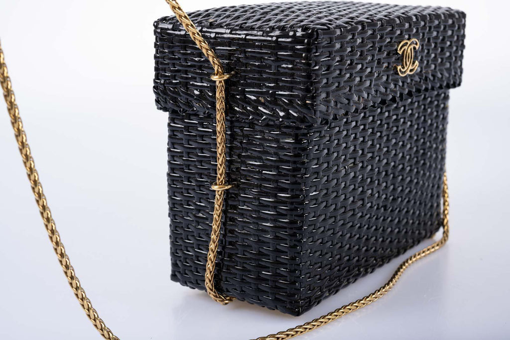CHANEL Bag Black Vintage Wicker Picnic Lunch Basket Gold Chain Strap