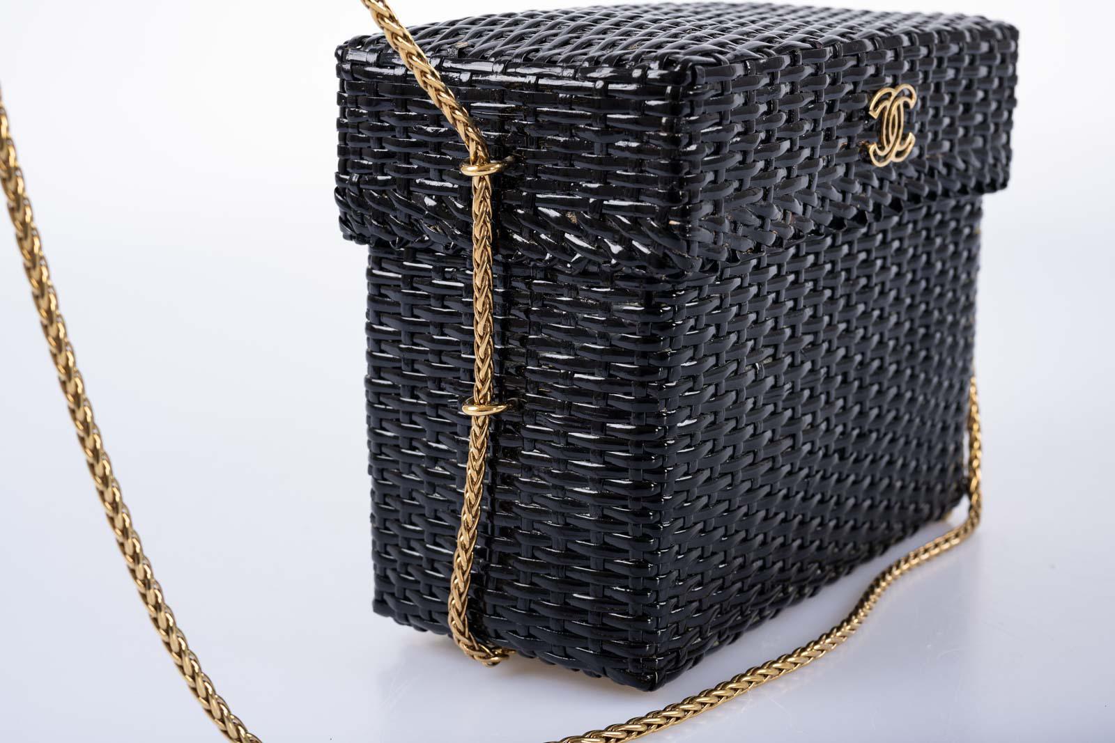 CHANEL Bag Black Vintage Wicker Picnic Lunch Basket Gold Chain Strap