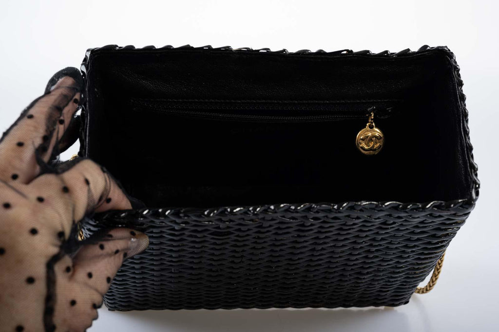 CHANEL Bag Black Vintage Wicker Picnic Lunch Basket Gold Chain Strap