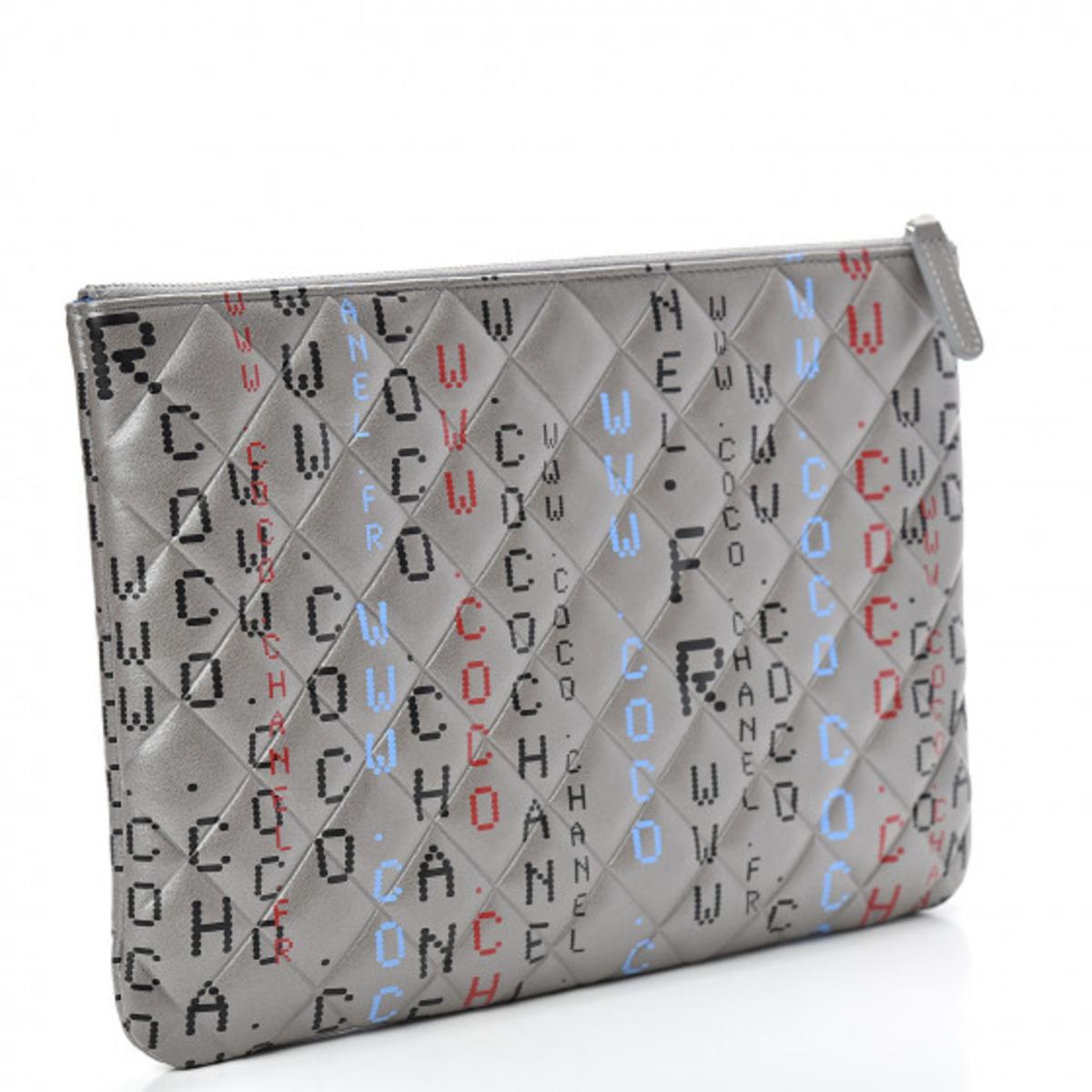 CHANEL METALLIC SILVER QUILTED LAMBSKIN PRINTED DATA CENTER O CLUTCH