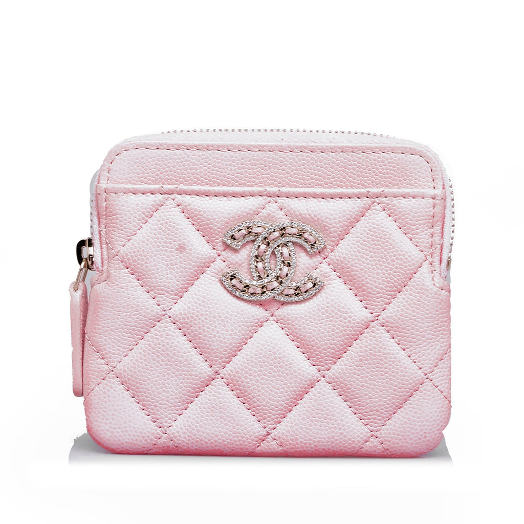 CHANEL Caviar CC Crystal Woven Square Zip Around Card Holder