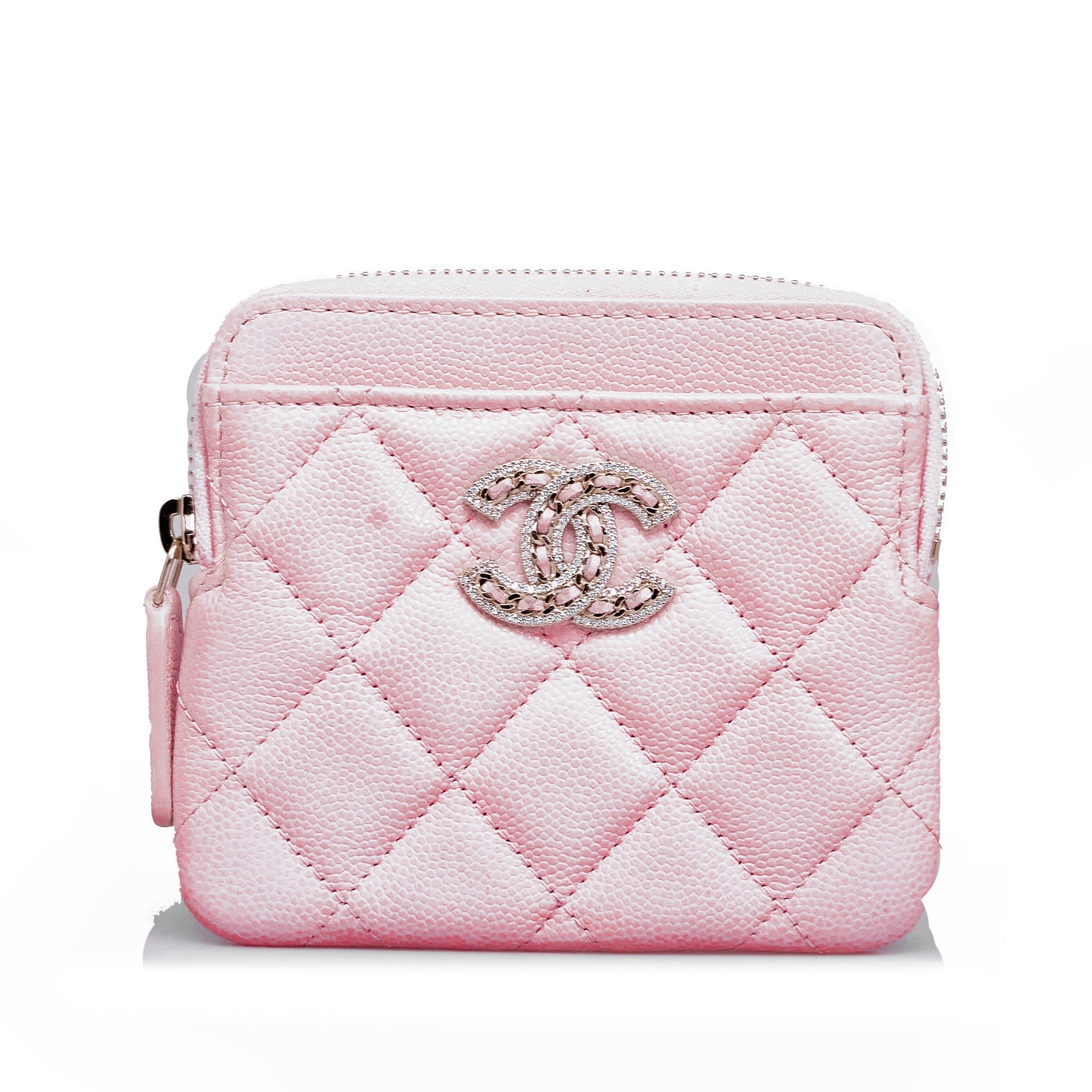 CHANEL Caviar CC Crystal Woven Square Zip Around Card Holder