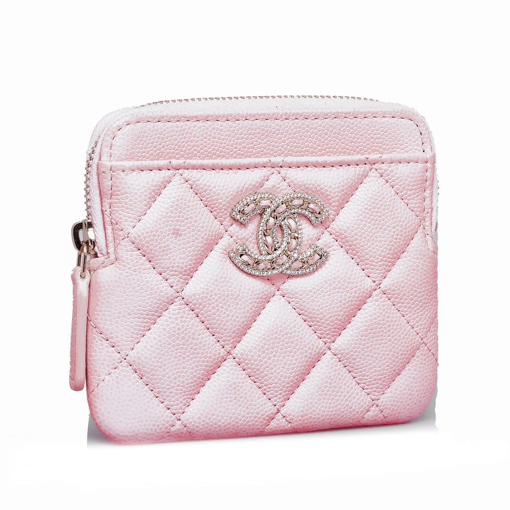 CHANEL Caviar CC Crystal Woven Square Zip Around Card Holder