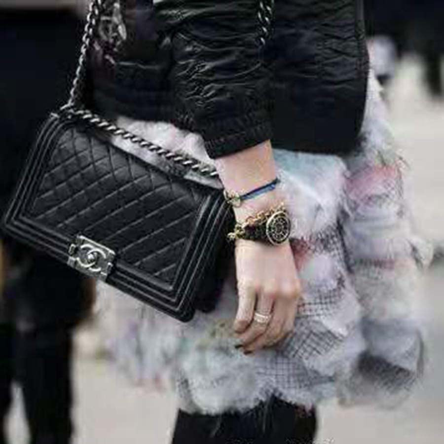 Chanel Boy Chanel Handbag in Calfskin & Ruthenium-Finish Metal-Black