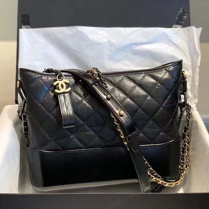 Chanel CC Gabrielle Hobo Medium Bag Black Goatskin Gold Silver-Tone Metal