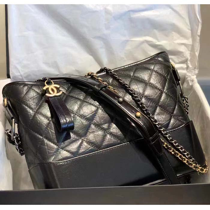 Chanel CC Gabrielle Hobo Medium Bag Black Goatskin Gold Silver-Tone Metal