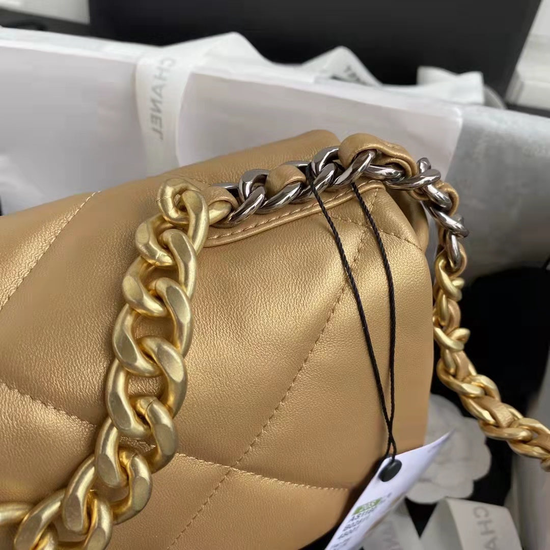 Chanel CC Women 19 Handbag Metallic Lambskin Gold Silver Tone Gold Bag