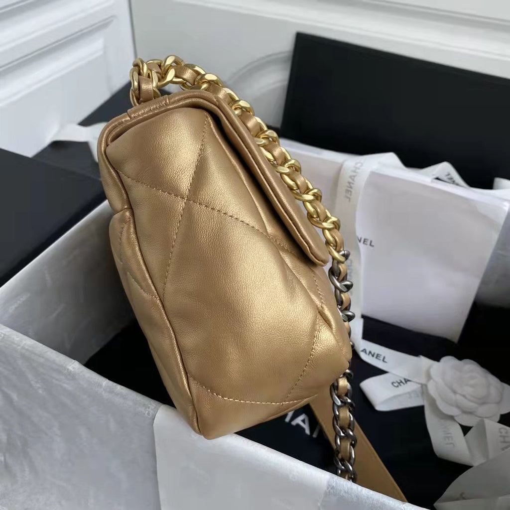 Chanel CC Women 19 Handbag Metallic Lambskin Gold Silver Tone Gold Bag