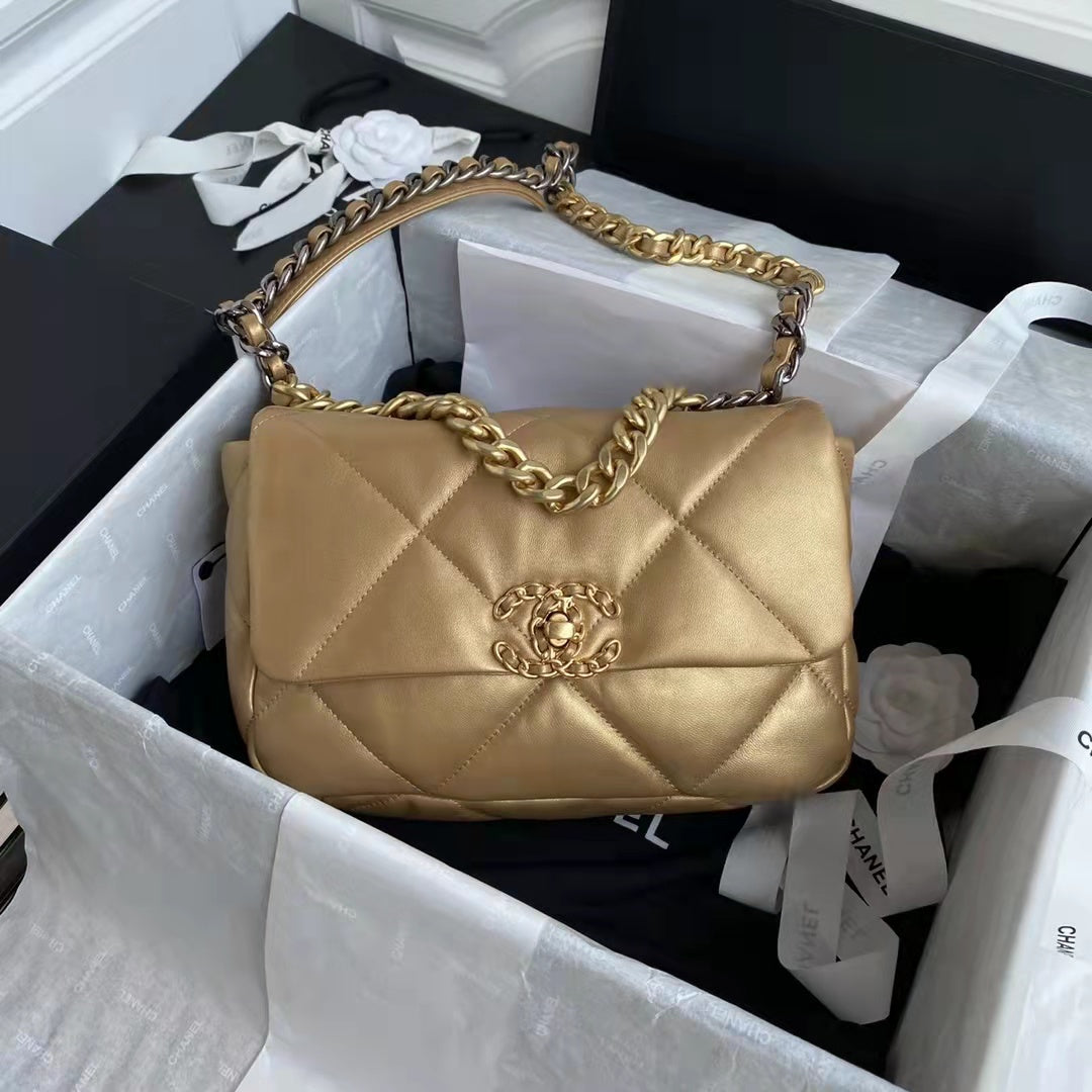 Chanel CC Women 19 Handbag Metallic Lambskin Gold Silver Tone Gold Bag