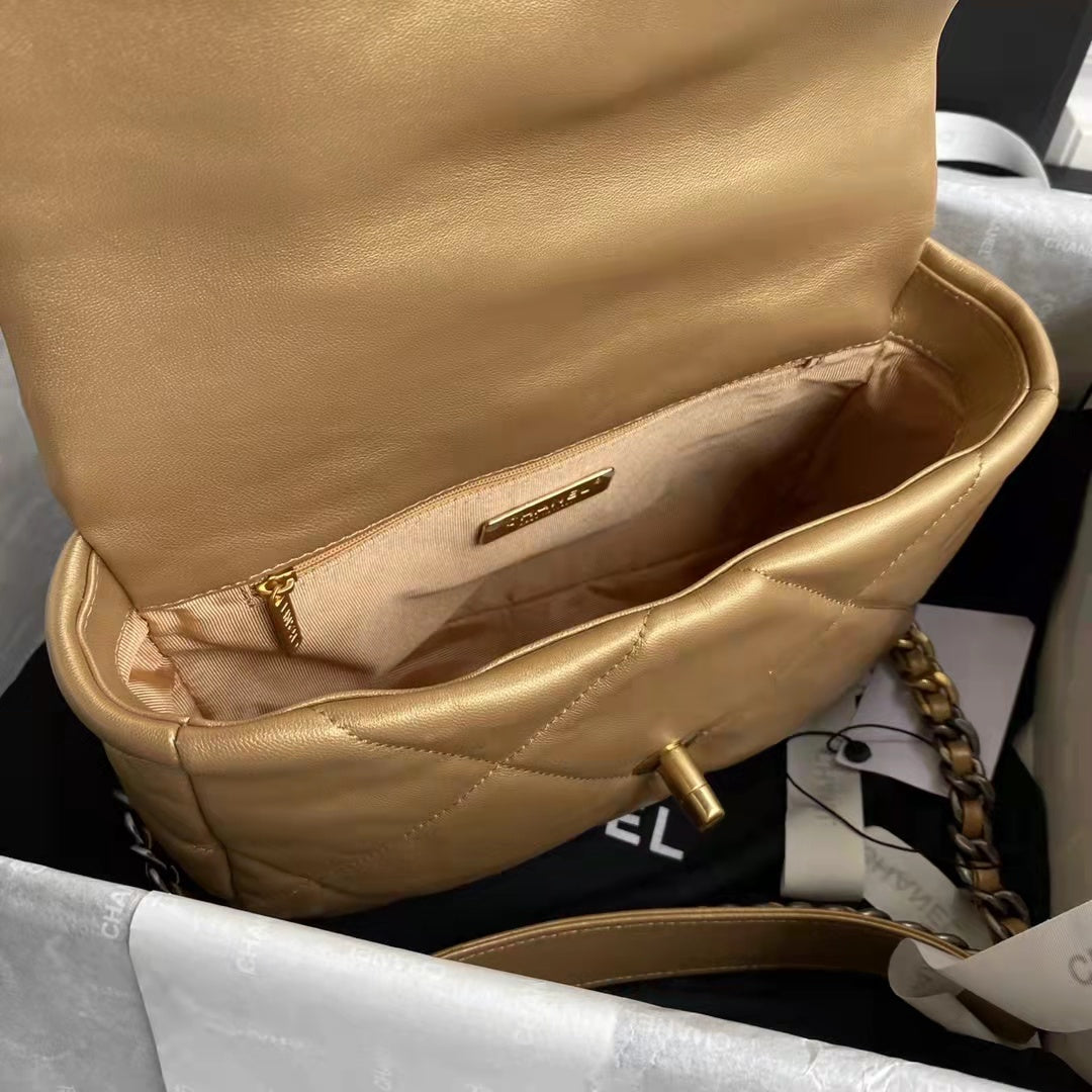 Chanel CC Women 19 Handbag Metallic Lambskin Gold Silver Tone Gold Bag