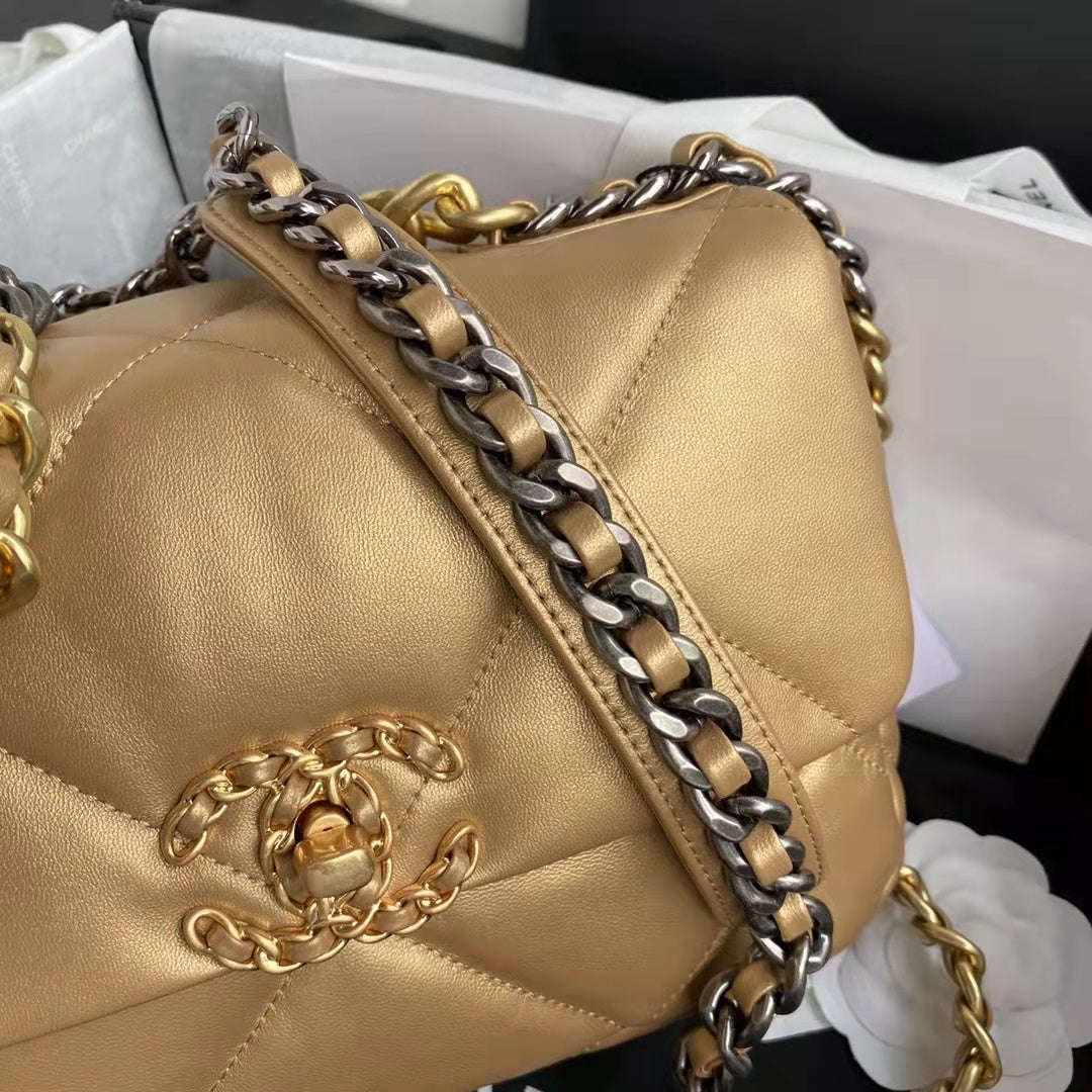 Chanel CC Women 19 Handbag Metallic Lambskin Gold Silver Tone Gold Bag