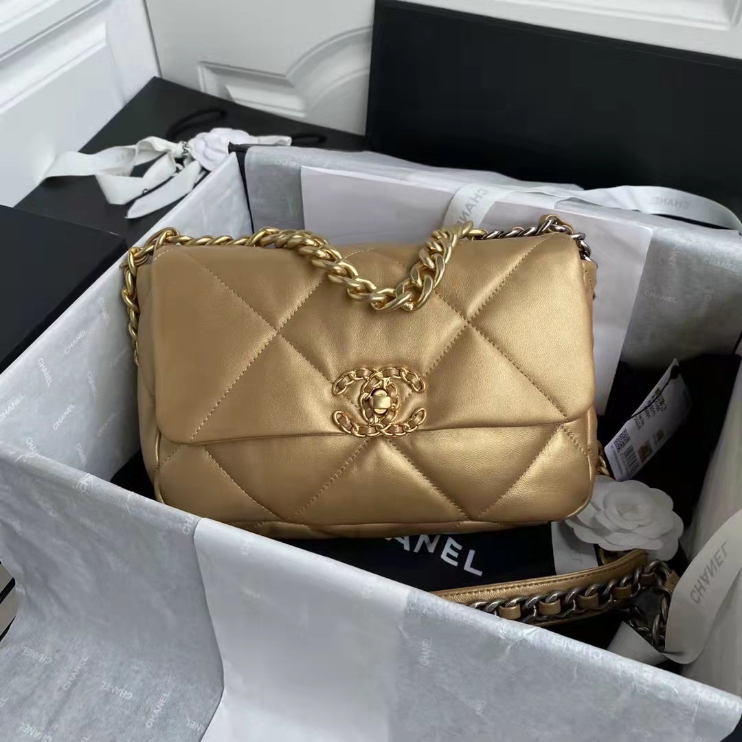 Chanel CC Women 19 Handbag Metallic Lambskin Gold Silver Tone Gold Bag