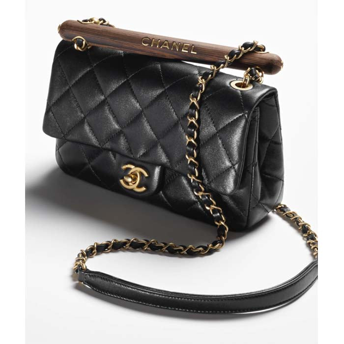 Chanel CC Women Bag Wooden Handle Calfskin Gold-Tone Metal-Black (3)