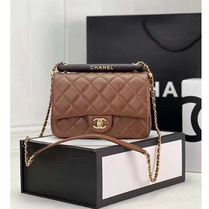Chanel CC Women Bag Wooden Handle Calfskin Gold-Tone Metal-Brown