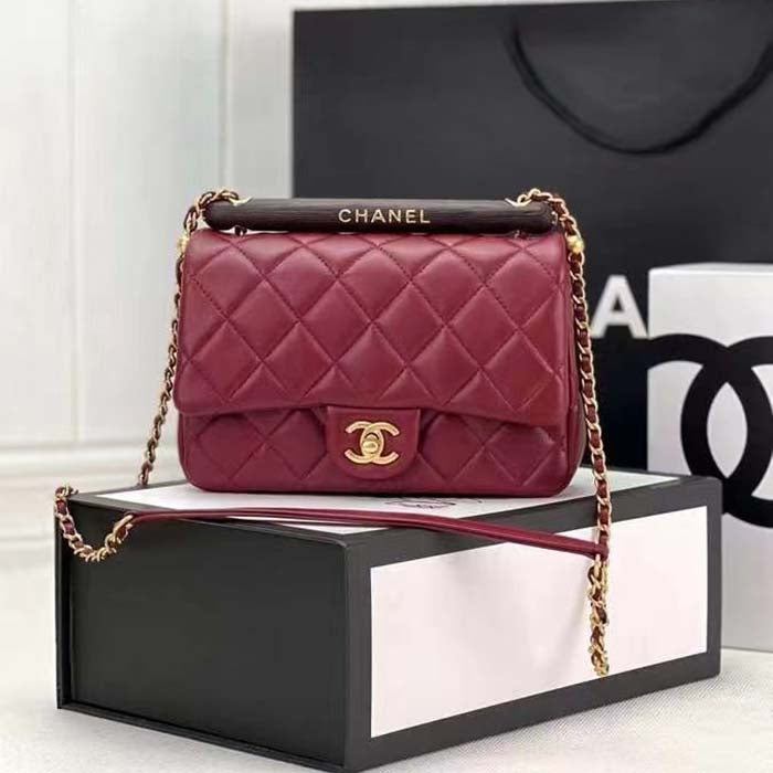 Chanel CC Women Bag Wooden Handle Calfskin Gold-Tone Metal-Maroon