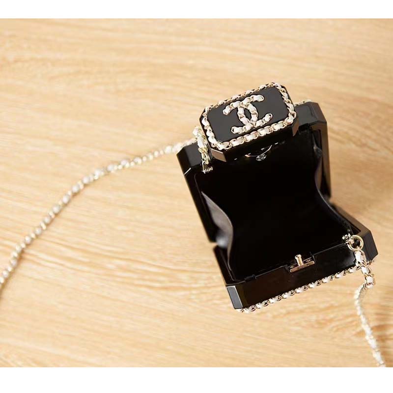 Chanel CC Women Evening Bag Lambskin Plexi Gold-Tone Metal Black White