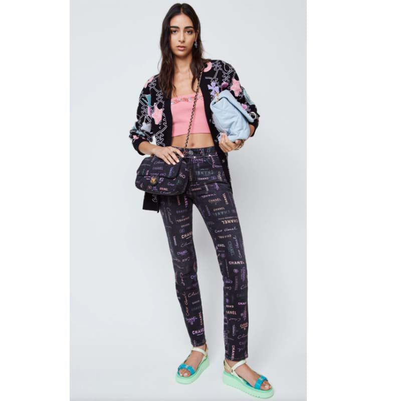 Chanel CC Women Large Flap Bag Printed Denim Gold-Tone Metal Black Multicolor