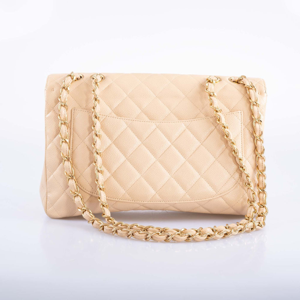 Chanel Classic Jumbo Single Flap Beige Quilted Caviar Gold Hardware
