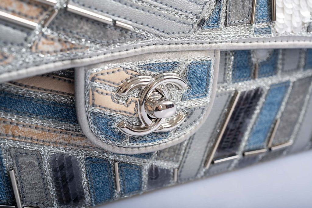 Chanel Medium Classic Double Flap Embroidered Patchwork Denim, Sequin and Silver Lambskin Silver Hardware