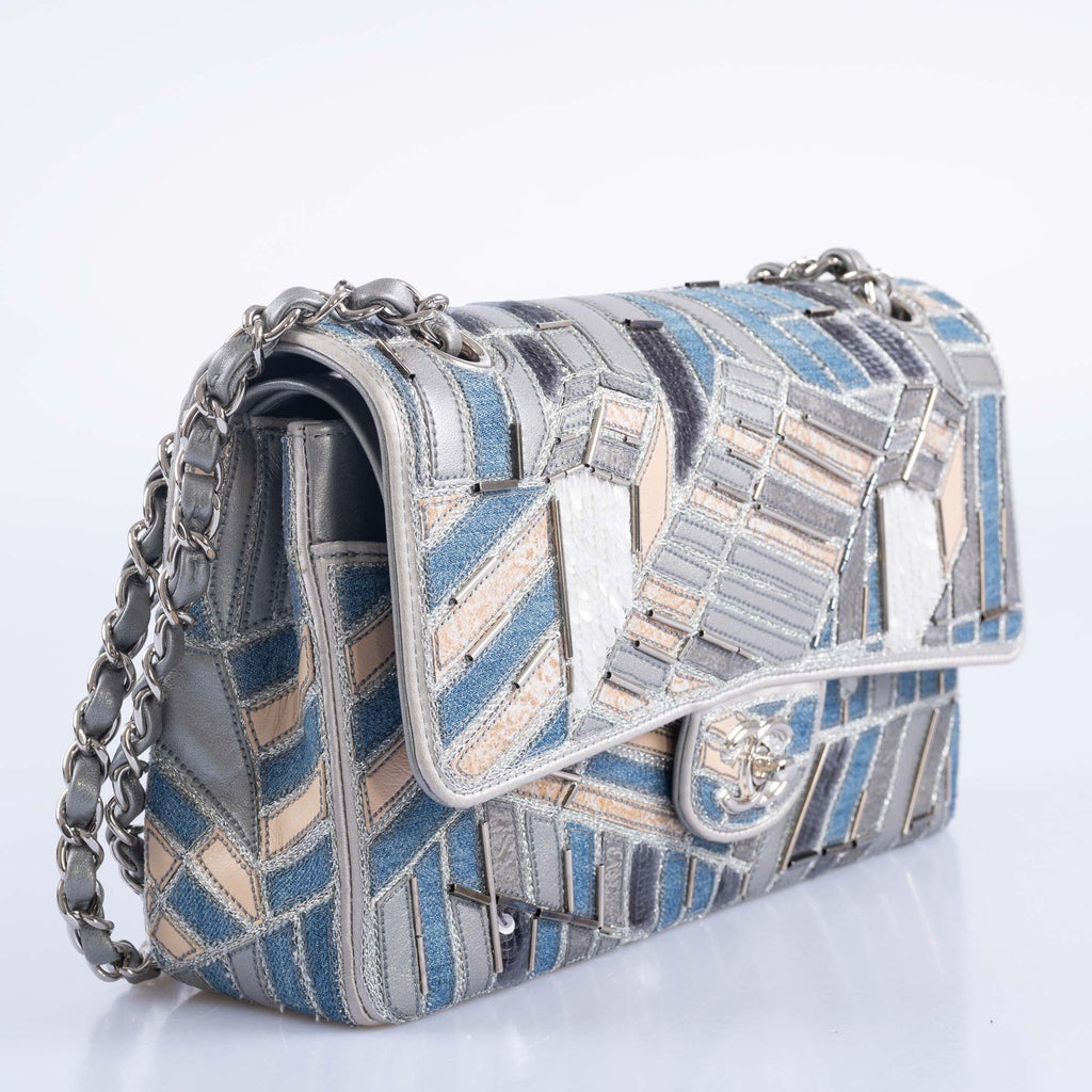 Chanel Medium Classic Double Flap Embroidered Patchwork Denim, Sequin and Silver Lambskin Silver Hardware