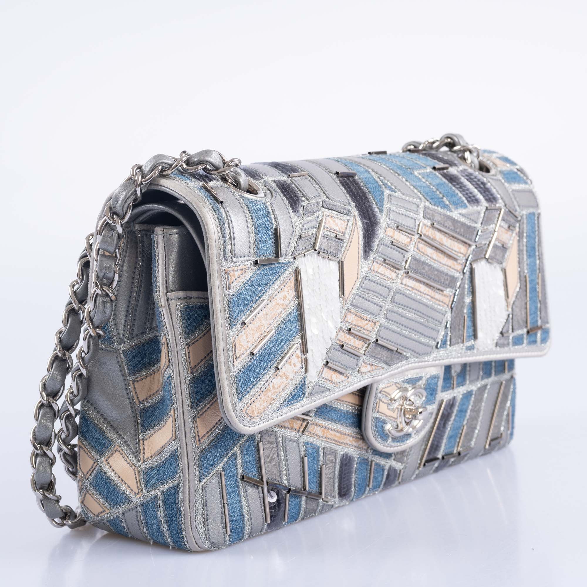 Chanel Medium Classic Double Flap Embroidered Patchwork Denim, Sequin and Silver Lambskin Silver Hardware