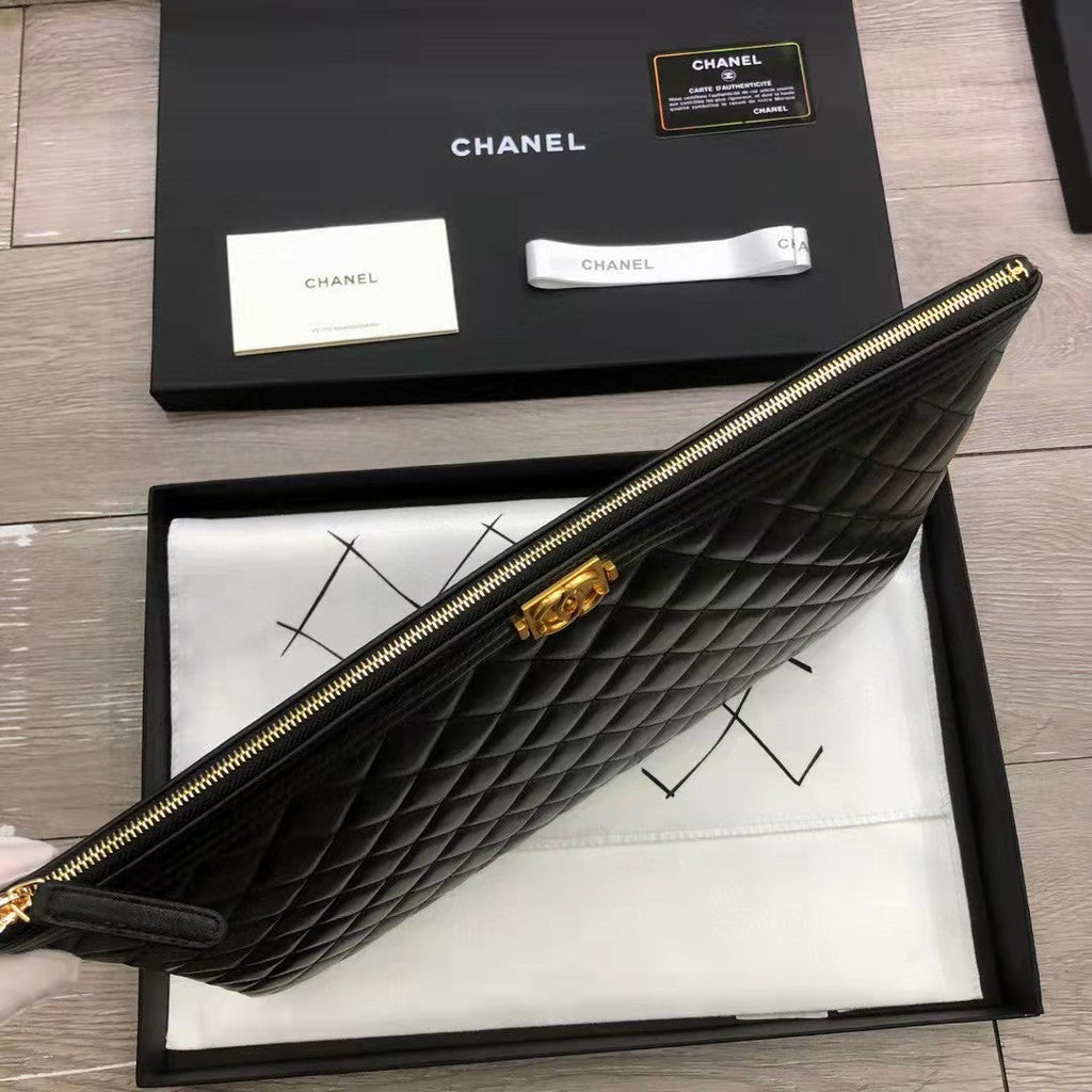 Chanel Unisex Boy Chanel Large Pouch in Lambskin Leather-Black
