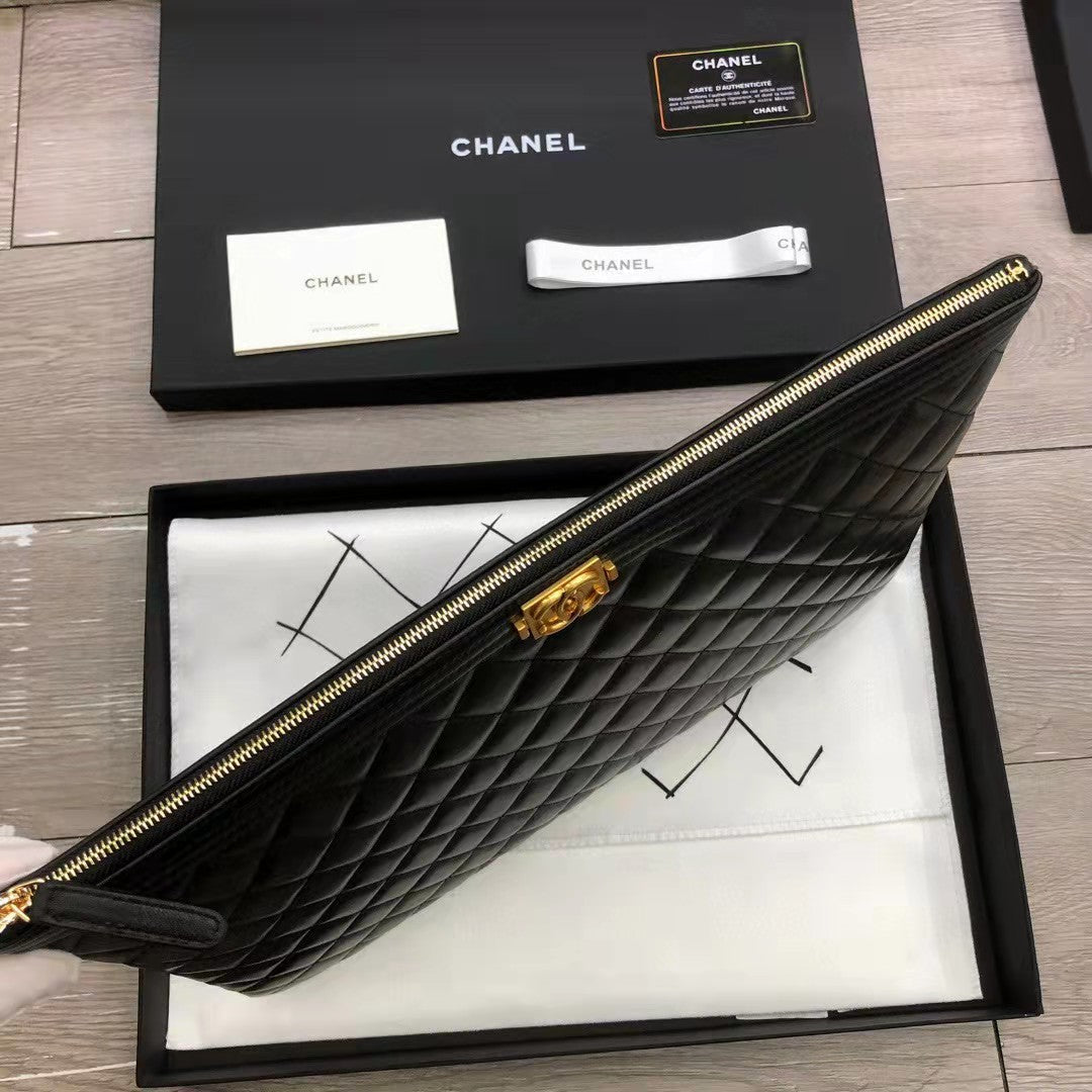 Chanel Unisex Boy Chanel Large Pouch in Lambskin Leather-Black