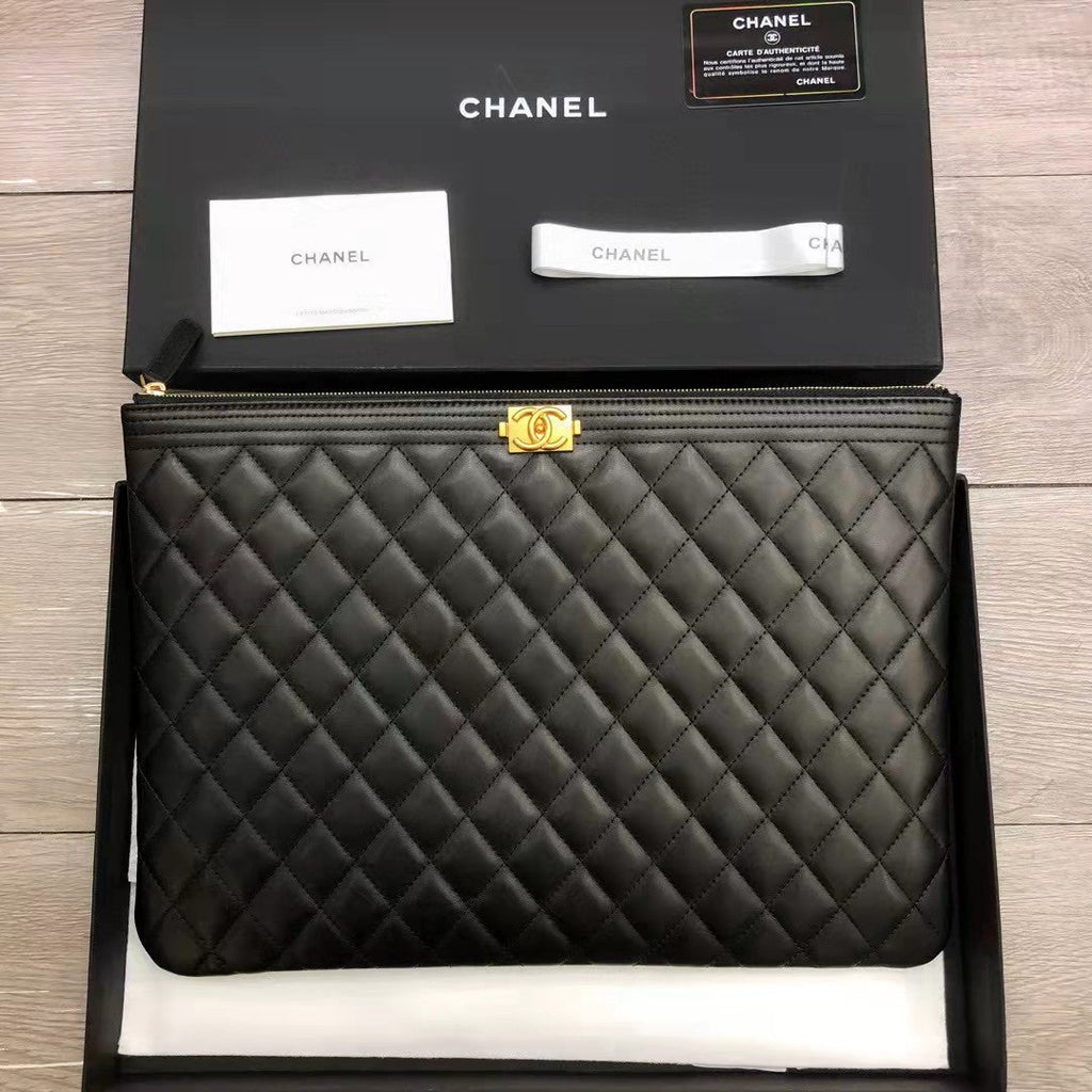 Chanel Unisex Boy Chanel Large Pouch in Lambskin Leather-Black