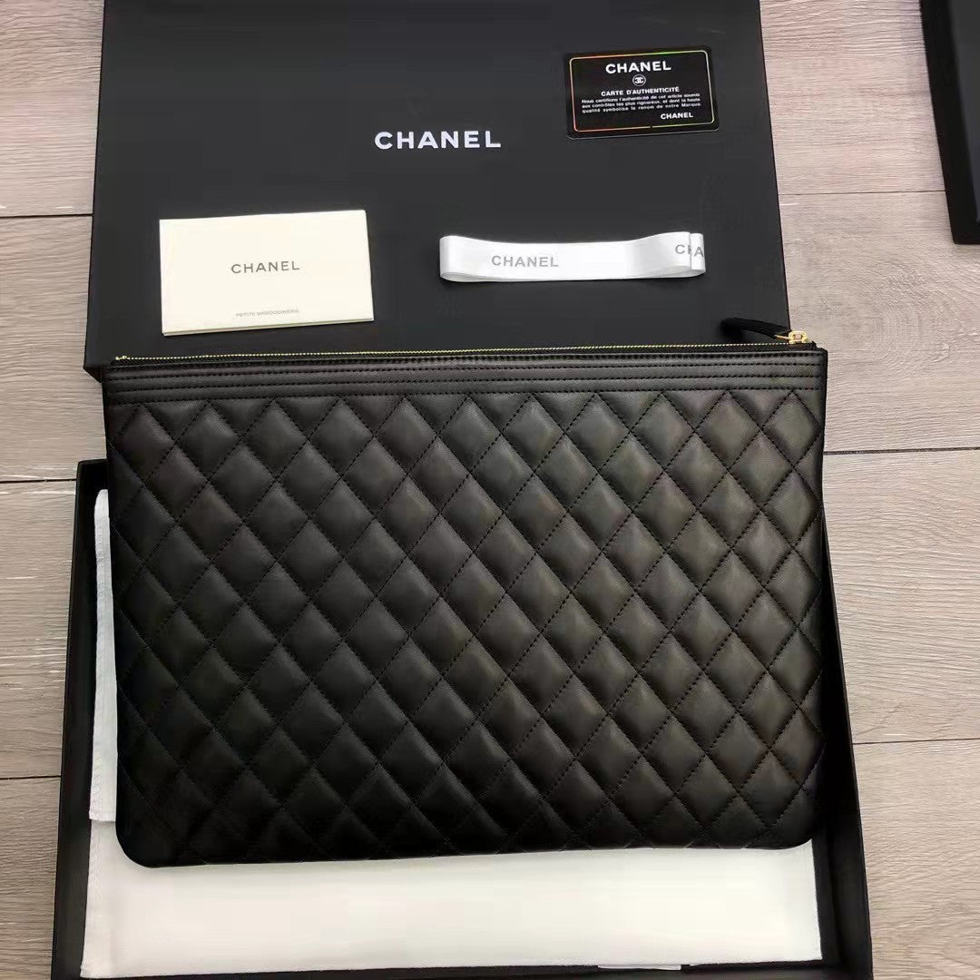 Chanel Unisex Boy Chanel Large Pouch in Lambskin Leather-Black
