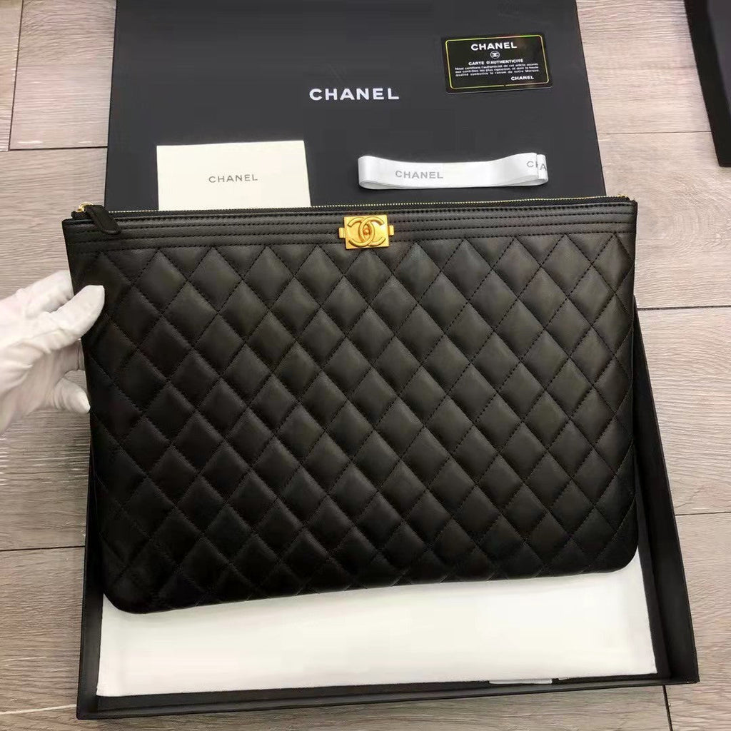 Chanel Unisex Boy Chanel Large Pouch in Lambskin Leather-Black