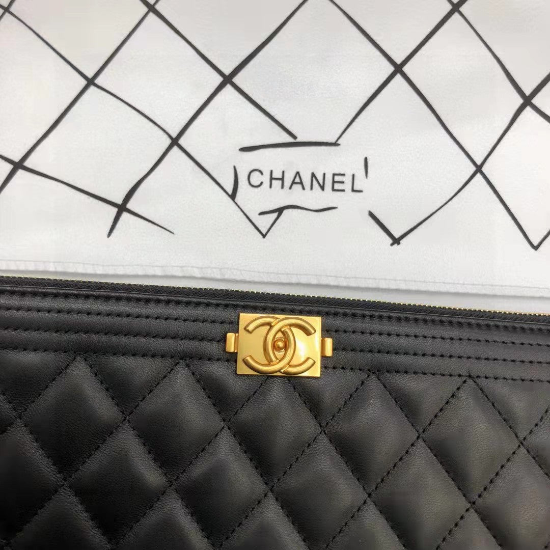 Chanel Unisex Boy Chanel Large Pouch in Lambskin Leather-Black