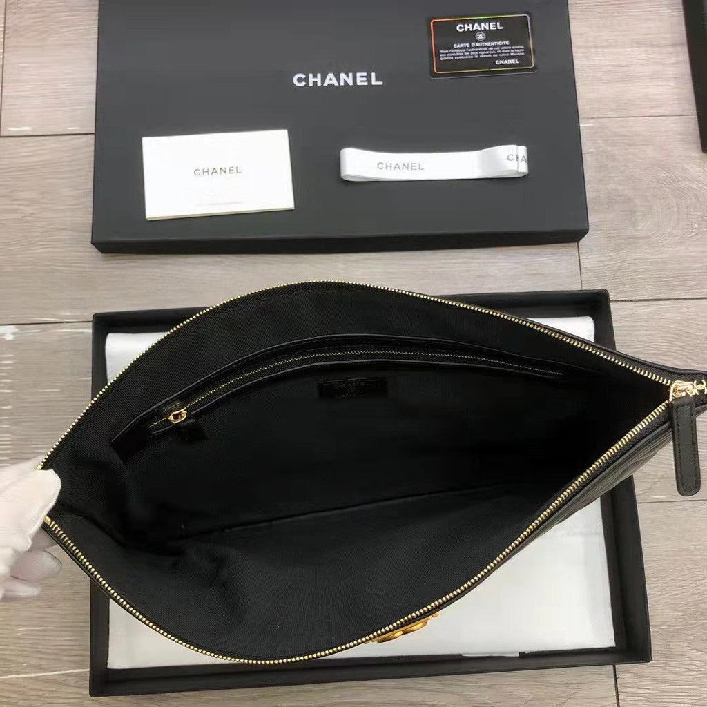 Chanel Unisex Boy Chanel Large Pouch in Lambskin Leather-Black