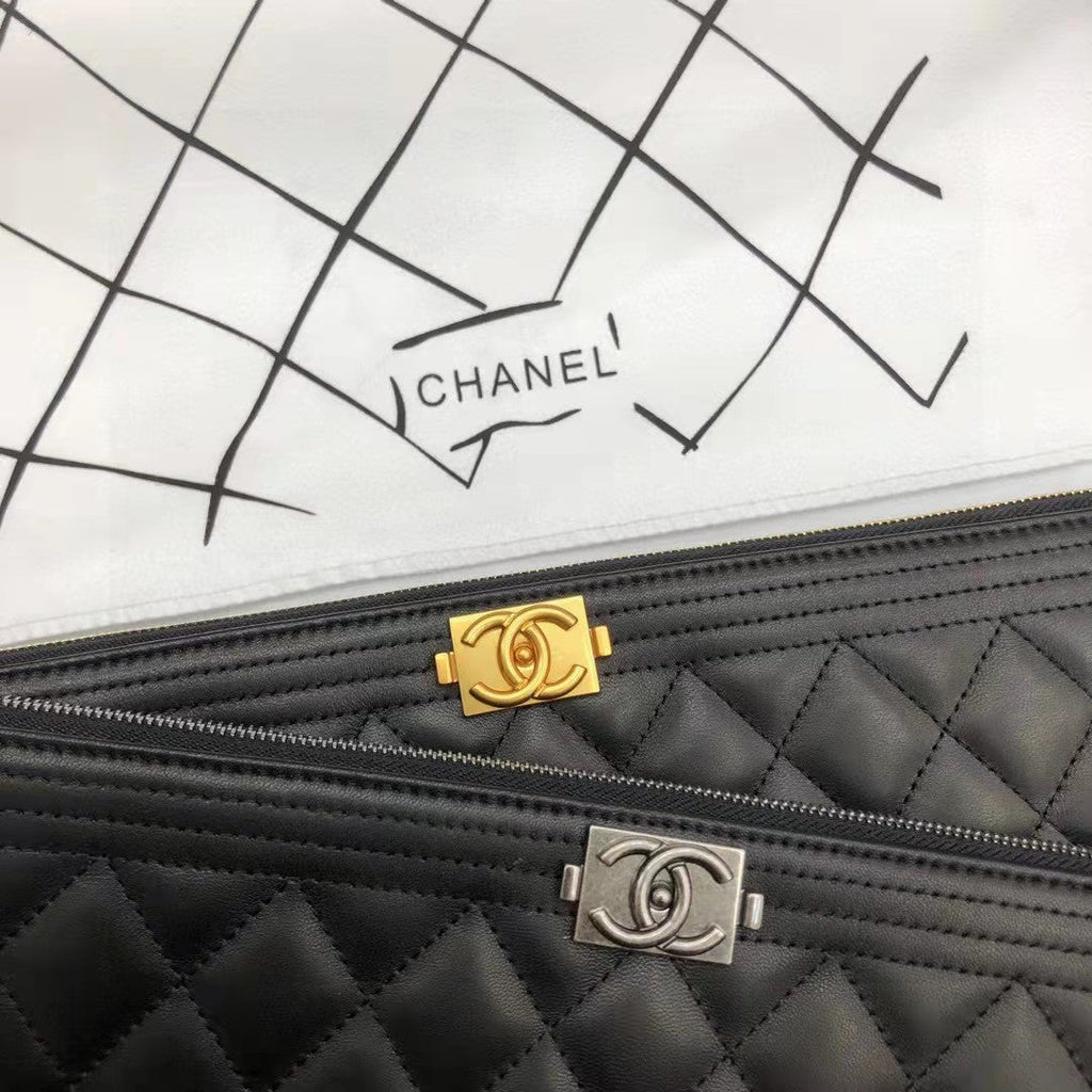 Chanel Unisex Boy Chanel Large Pouch in Lambskin Leather-Black