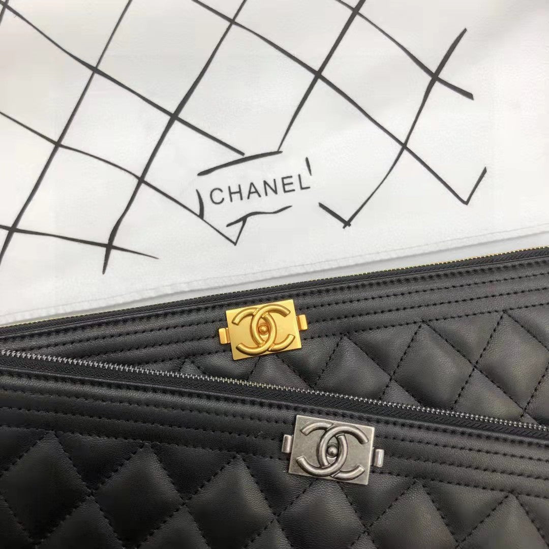Chanel Unisex Boy Chanel Large Pouch in Lambskin Leather-Black