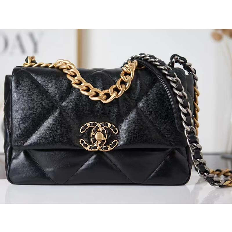 Chanel Women 19 Handbag Lambskin Gold Silver-Tone Ruthenium-Finish Metal Black