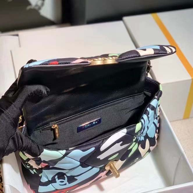 Chanel Women 19 Handbag Printed Canvas Gold Silver-Tone & Ruthenium-Finish Metal Multicolor
