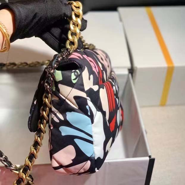 Chanel Women 19 Handbag Printed Canvas Gold Silver-Tone & Ruthenium-Finish Metal Multicolor